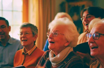 zdjęcie przedstawia grupę śpiewających seniorów