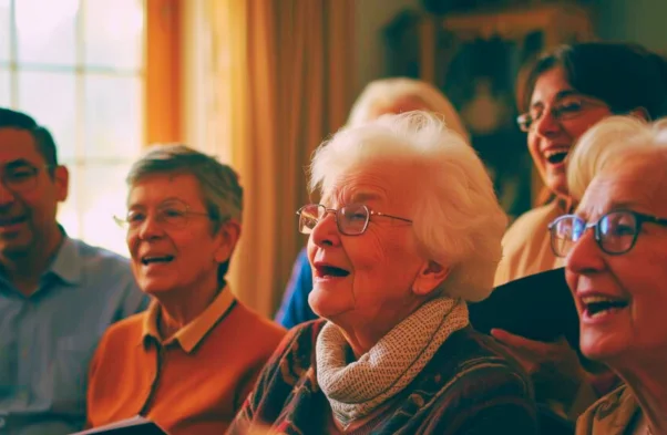 zdjęcie przedstawia grupę śpiewających seniorów