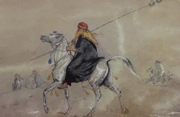 obraz przedstawia osobę siedzącą na koniu