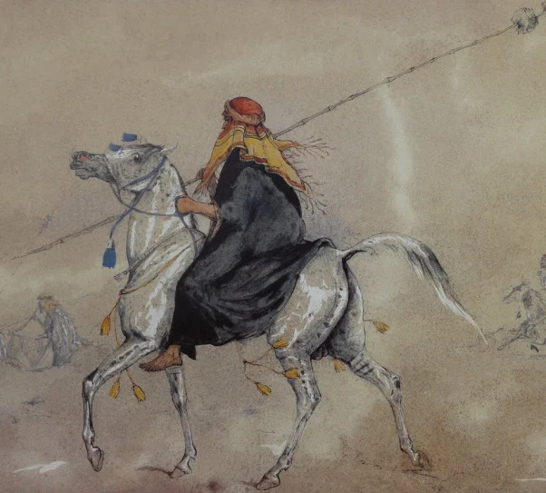obraz przedstawia osobę siedzącą na koniu