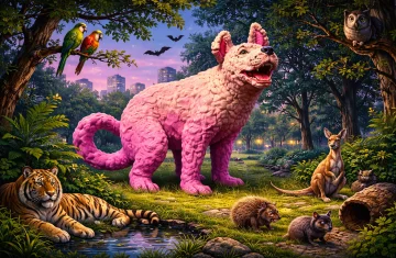 A whimsical illustration of a city park at night. A large pink dog stands in the center, surrounded by wild and exotic animals including birds in the trees, a hedgehog, a kangaroo, and a resting tiger. The scene blends urban space with fairy-tale elements.