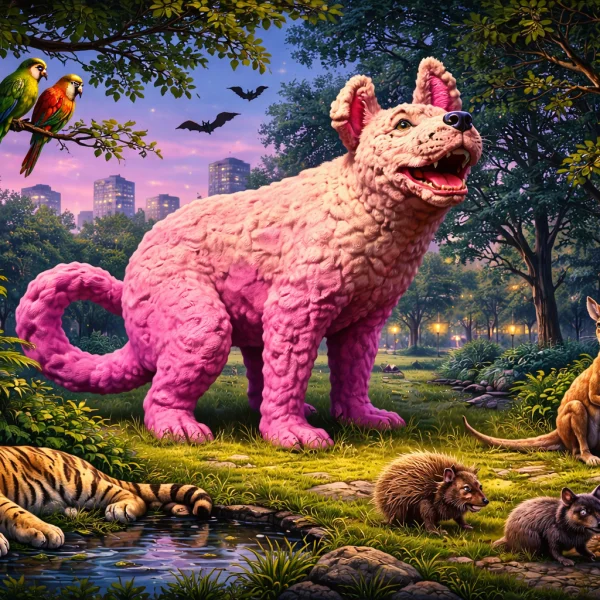 Baśniowa ilustracja przedstawiająca park miejski nocą. W centrum znajduje się różowy pies, a wokół niego zgromadzone są dzikie i egzotyczne zwierzęta: ptaki na drzewach, jeż, kangur i tygrys. Scena łączy realizm miasta z elementami fantazji.