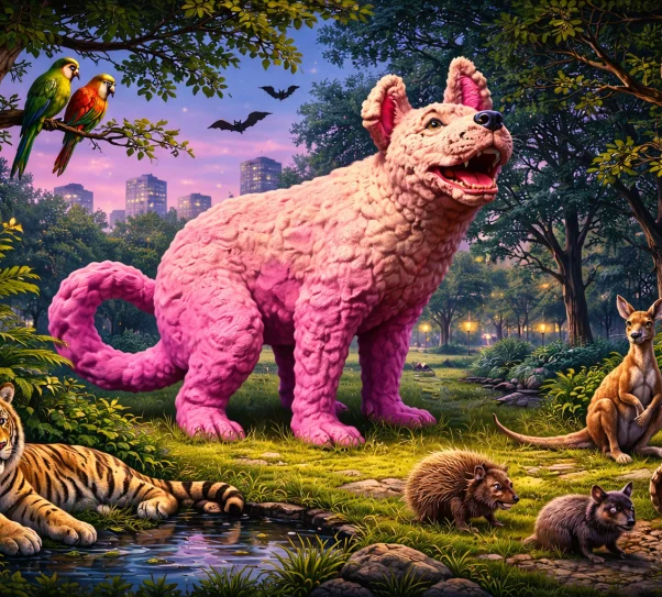 Baśniowa ilustracja przedstawiająca park miejski nocą. W centrum znajduje się różowy pies, a wokół niego zgromadzone są dzikie i egzotyczne zwierzęta: ptaki na drzewach, jeż, kangur i tygrys. Scena łączy realizm miasta z elementami fantazji.