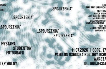 grafika przedstawia szaro białe tło z napisaem spojrzenie, wystawa studentow fotografii