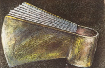 Plakat promujący film Siekierezada. Na plakacie siekiera, która przypomina książkę. W lewym dolnym rogu napisy SIEKIEREZADA na podstawie powieści Edwarda Stachury scenariusz i reżyseria Witold Leszczyński. Po prawej stronie napisy: w rolach głównych: Edward Żenfara, Daniel Olbrychski, Ludwik Pak