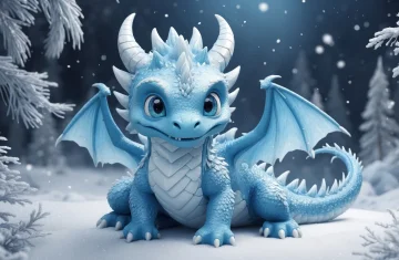 Uroczy, niebieski smok o dużych oczach siedzi w ośnieżonym lesie. Ma małe skrzydła, jasne rogi i łuski pokryte szronem. Wokół niego delikatnie pada śnieg, tworząc zimowy, baśniowy nastrój.