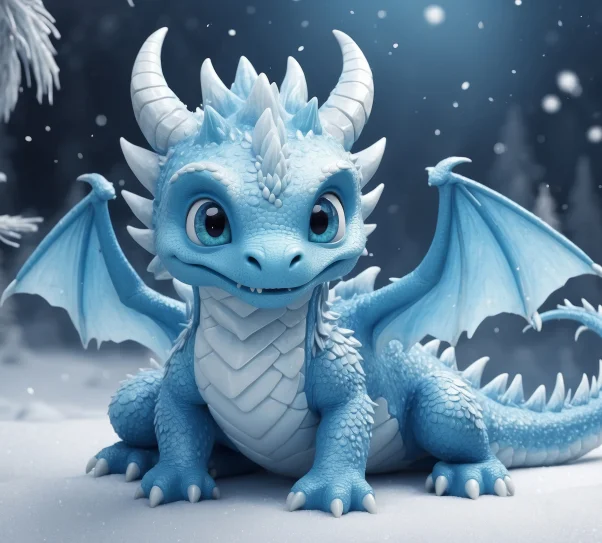 Uroczy, niebieski smok o dużych oczach siedzi w ośnieżonym lesie. Ma małe skrzydła, jasne rogi i łuski pokryte szronem. Wokół niego delikatnie pada śnieg, tworząc zimowy, baśniowy nastrój.