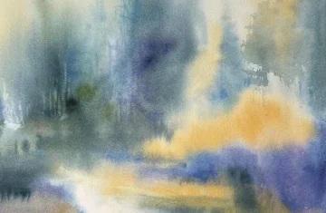 praca malowana akwarelą przedstawiająca łąkę i drzewa