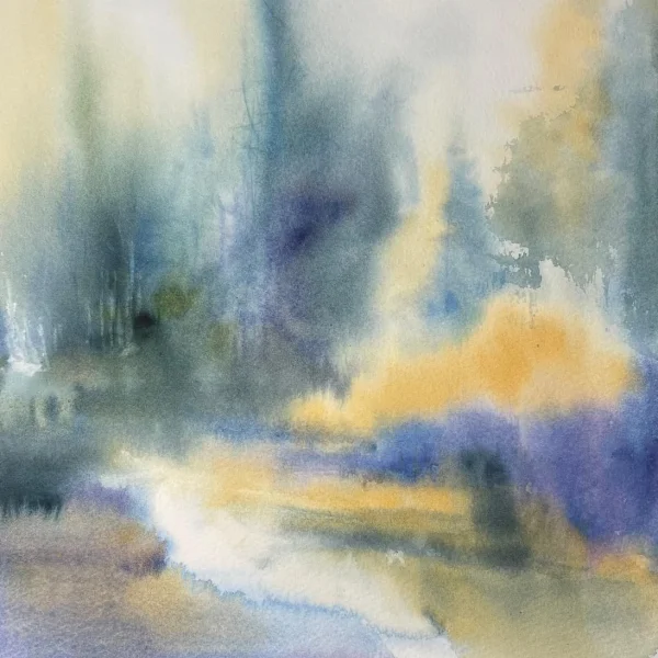 praca malowana akwarelą przedstawiająca łąkę i drzewa