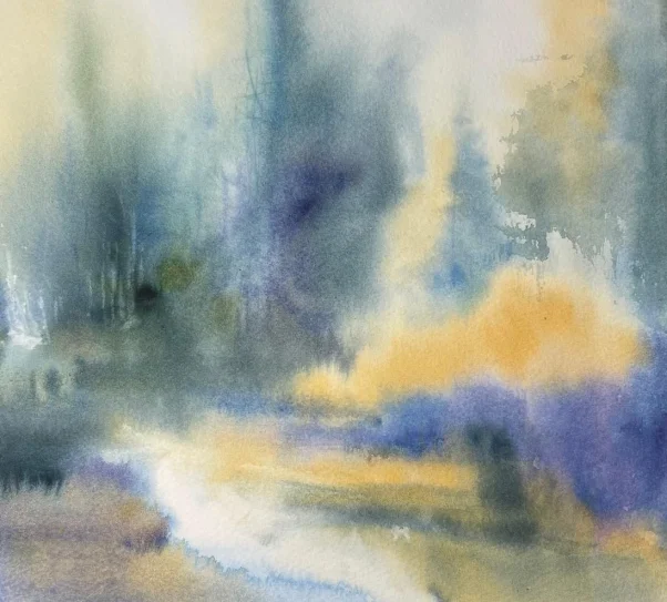 praca malowana akwarelą przedstawiająca łąkę i drzewa