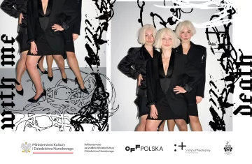 Zdjęcie przedstawia plakat wydarzenia, widać trzy kobiety w jasnych blond włosach, ubrane w czarne garnitury ze spódnicą