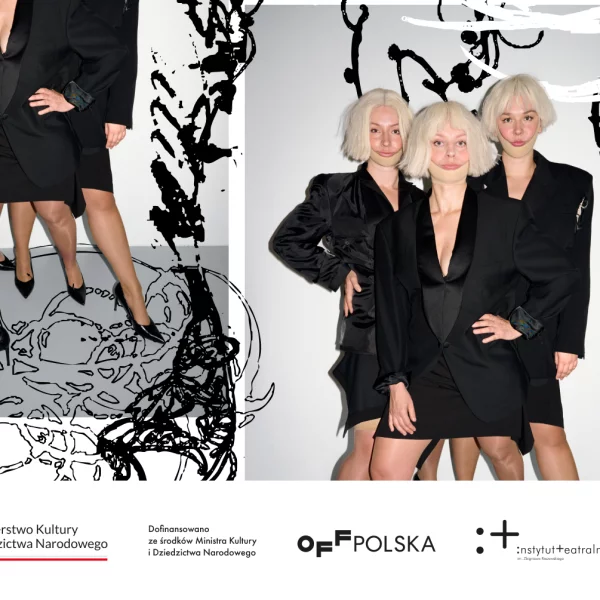Zdjęcie przedstawia plakat wydarzenia, widać trzy kobiety w jasnych blond włosach, ubrane w czarne garnitury ze spódnicą