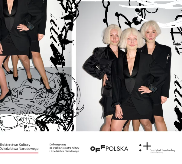 Zdjęcie przedstawia plakat wydarzenia, widać trzy kobiety w jasnych blond włosach, ubrane w czarne garnitury ze spódnicą