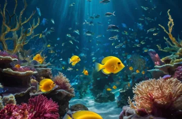 grafika przedstawia żółte ryby pływające na dnie oceanu