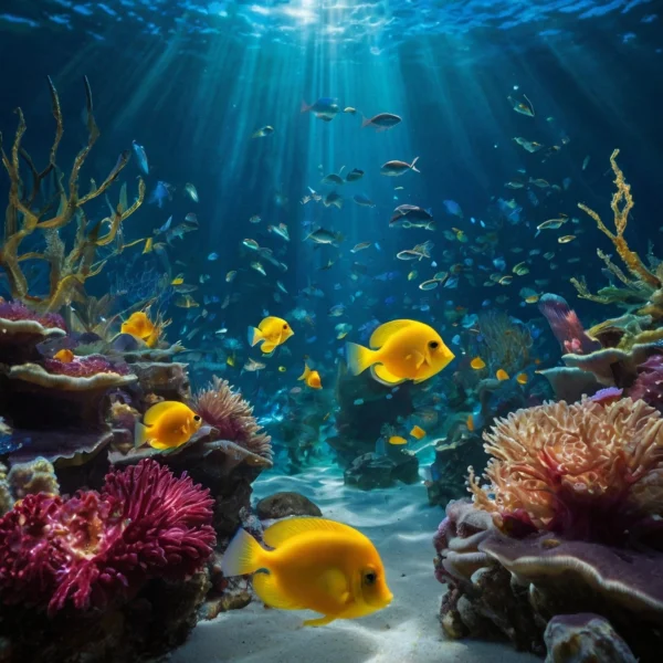 grafika przedstawia żółte ryby pływające na dnie oceanu