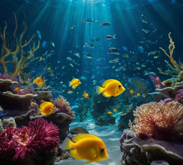 grafika przedstawia żółte ryby pływające na dnie oceanu