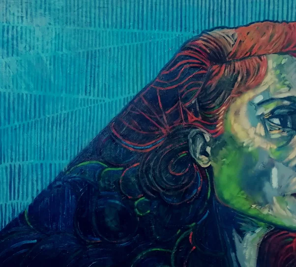 obraz autorstwa tomasza masionka, na którym widać twarz kobiety z profilu.