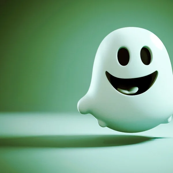 grafika przedstawia wesołego białego duszka na zielonym tle