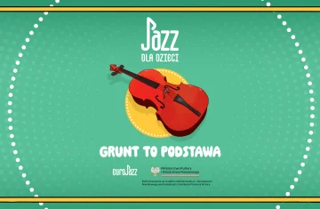 grafika na różowym tle z gitarą i napiszem jazz dla dzieci, szarp pan bas
