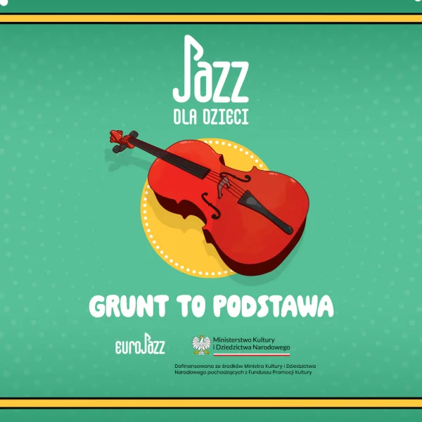 grafika na różowym tle z gitarą i napiszem jazz dla dzieci, szarp pan bas