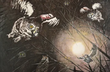 Obraz olejny przedstawiajacy sowy. W tle świeci księżyc. Na drzewach siedzą sowy. Największa jest sowa po lewej, ma ona rozpostarte skrzydła.