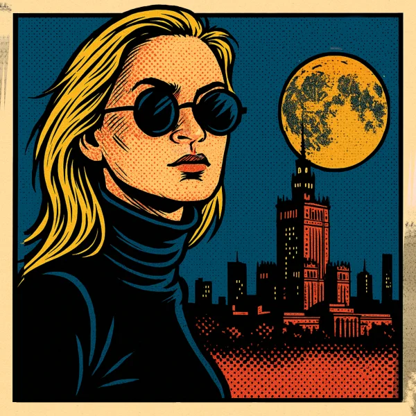 Ilustracja w stylu komiksowym przedstawiająca kobietę w ciemnych okularach i czarnym golfie na tle nocnej panoramy Warszawy z Pałacem Kultury i Nauki oraz dużym, żółtym księżycem na niebie.