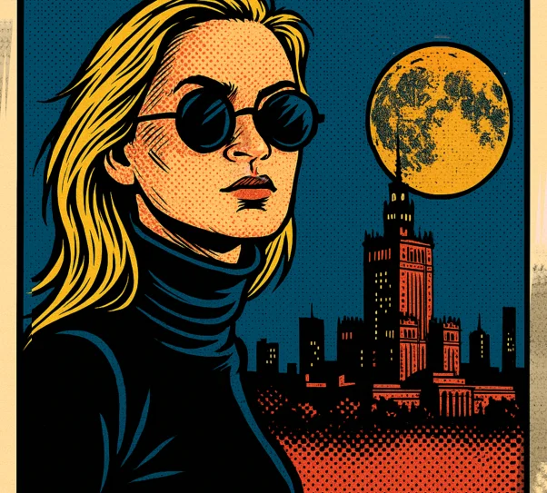 Comic-style illustration showing a woman wearing dark sunglasses and a black turtleneck against the night skyline of Warsaw with the Palace of Culture and Science and a large yellow moon in the sky.