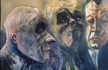 Malarski obraz przedstawiający trzy zbliżone do siebie ludzkie twarze w półprofilu. Twarze są stylizowane, o surowej, ekspresyjnej fakturze, utrzymane w stonowanej kolorystyce szarości, błękitów i beżu.