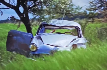 zdjęcie przedstawia niebieski rozbity samochód w trawie