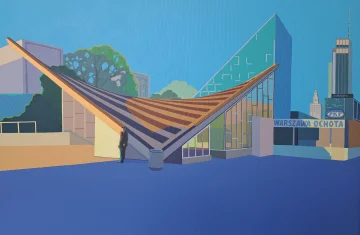 Obraz przedstawia modernistyczny budynek dworca kolejowego Warszawa Ochota w stylu geometrycznym i uproszczonym. Dominują intensywne kolory: błękity, pomarańcze i zielenie. Charakterystyczny dach w kształcie litery „V” unosi się nad wejściem do dworca. W tle widoczne są nowoczesne budynki i wieżowce Warszawy, a po prawej stronie napis „Warszawa Ochota” oraz logo PKP. Na pierwszym planie stoi samotna postać człowieka.
