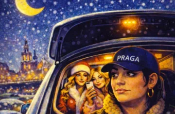 grafika przedstawia kobietę jadącą taksówką z dwiema pasażerkami