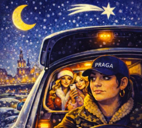 grafika przedstawia kobietę jadącą taksówką z dwiema pasażerkami