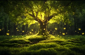 A glowing green tree. The image shows a tree at night, with golden sparks flying around it. It looks like a magical tree.