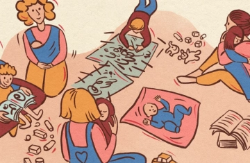 grafika przedstawia rodziców i dzieci bawiących się na dywanie