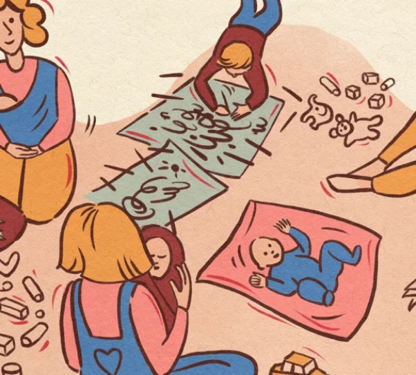 grafika przedstawia rodziców i dzieci bawiących się na dywanie