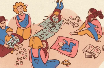 grafika przedstawia rodziców i dzieci bawiących się na dywanie