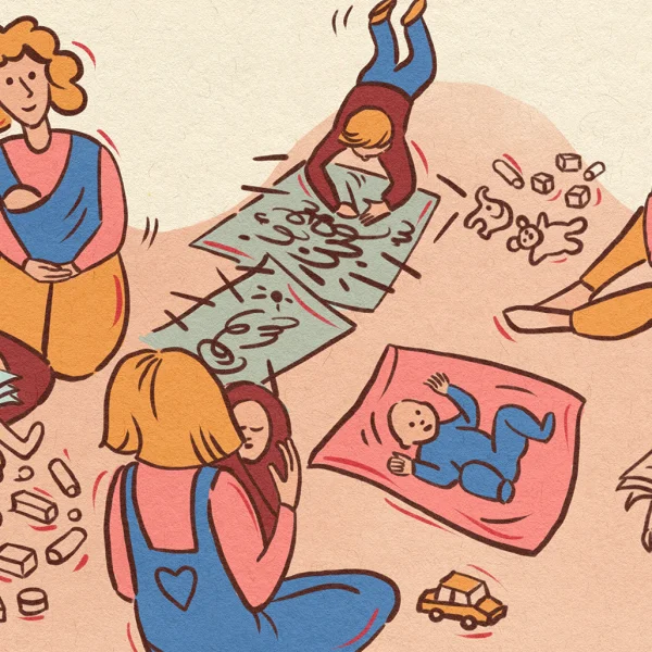 grafika przedstawia rodziców i dzieci bawiących się na dywanie