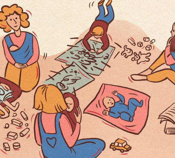 grafika przedstawia rodziców i dzieci bawiących się na dywanie