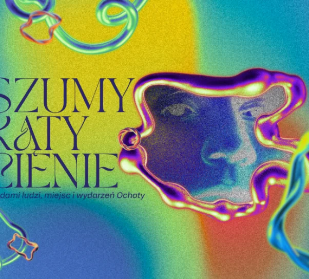 grafika w kolorach niebiesko-pomarańczowo-zielona, z metalicznymi kształtami, w jeden wpleciona jest twarz - widać oczy i nos