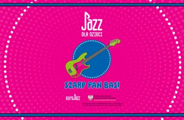 grafika na różowym tle z gitarą i napiszem jazz dla dzieci, szarp pan bas