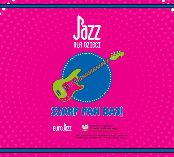 grafika na różowym tle z gitarą i napiszem jazz dla dzieci, szarp pan bas