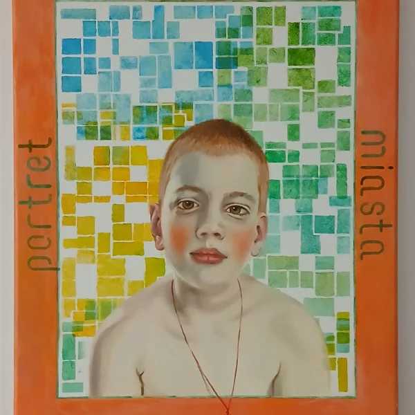 obraz przedstawiający chłopca na tle niebiesko-zielono-żółtej mozaiki