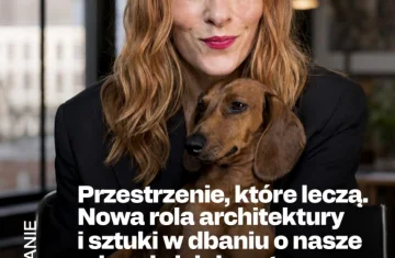 Plakat o wydarzeniu, na środku Delfina Dellert z jamniczkiem