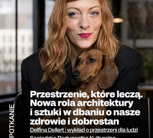 Plakat o wydarzeniu, na środku Delfina Dellert z jamniczkiem
